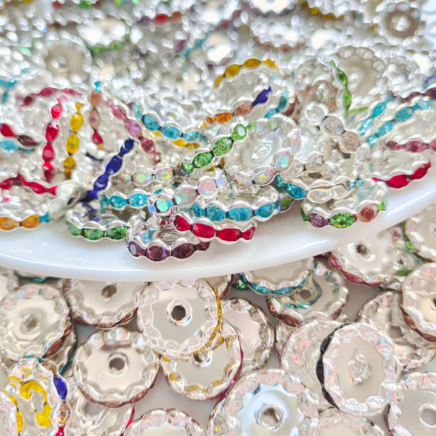 15mm Cross-border Hot-selling Silver Bead Spacer Round Rhinestone Ring Wheel Spacer Wavy Edge Diamond Spacer Accessories