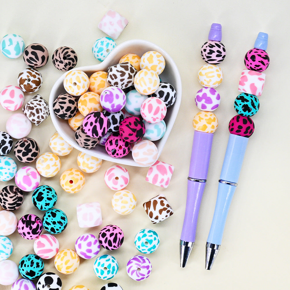 15Mm Cow Series Watermark Food Grade Silicone Round Beads Baby Toothpaste DIY Decorative Loose Beads Spot Wholesale