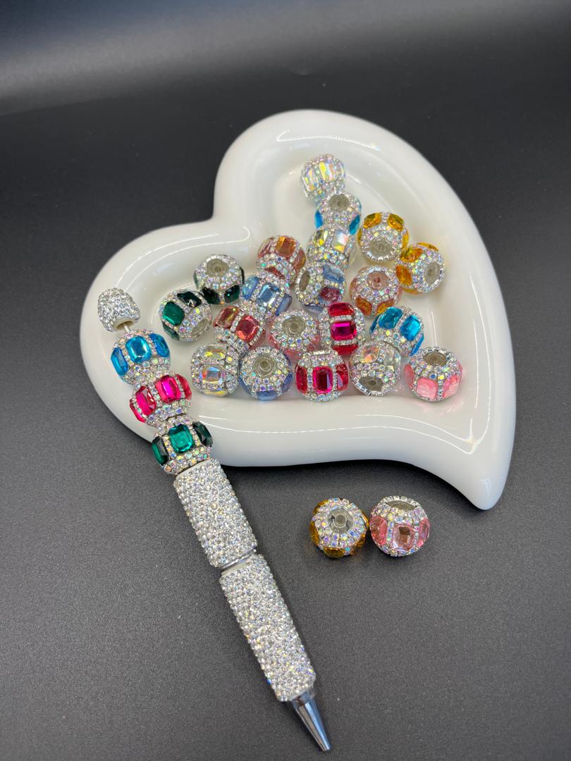 Colorful clay beads with rhinestones, multiple colors randomly mixed
