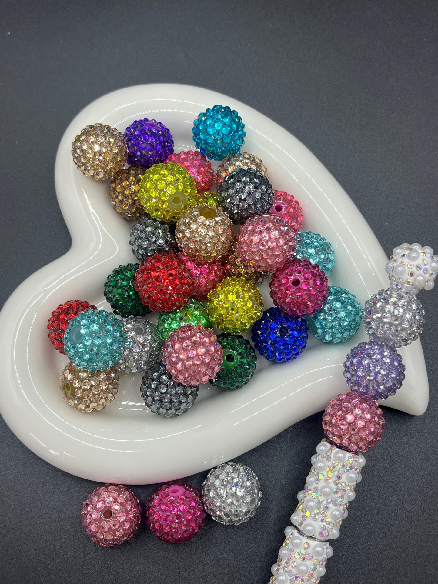 20mm Sizes Straight-Hole AB Color Polymer Clay Shambhala Beads - Double-Hole Loose Beads, Rhinestone Balls & White/Blue Beading for Bracelets