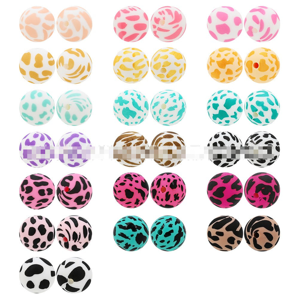 15Mm Cow Series Watermark Food Grade Silicone Round Beads Baby Toothpaste DIY Decorative Loose Beads Spot Wholesale