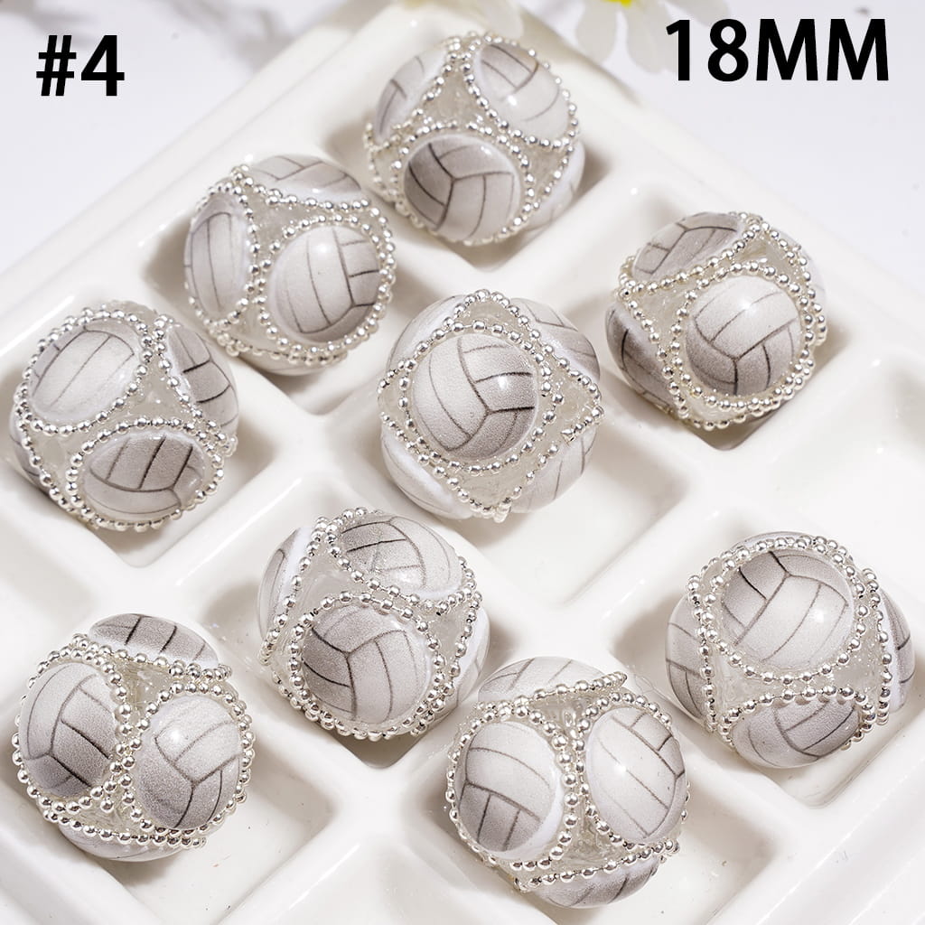 Hand-Made Acrylic Beads with Raised Sports Ball Design & Silver Metal Chain Design