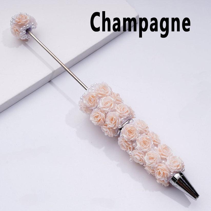 Beadable Pen Covered by Shiny Glitter Flowers White Pearls