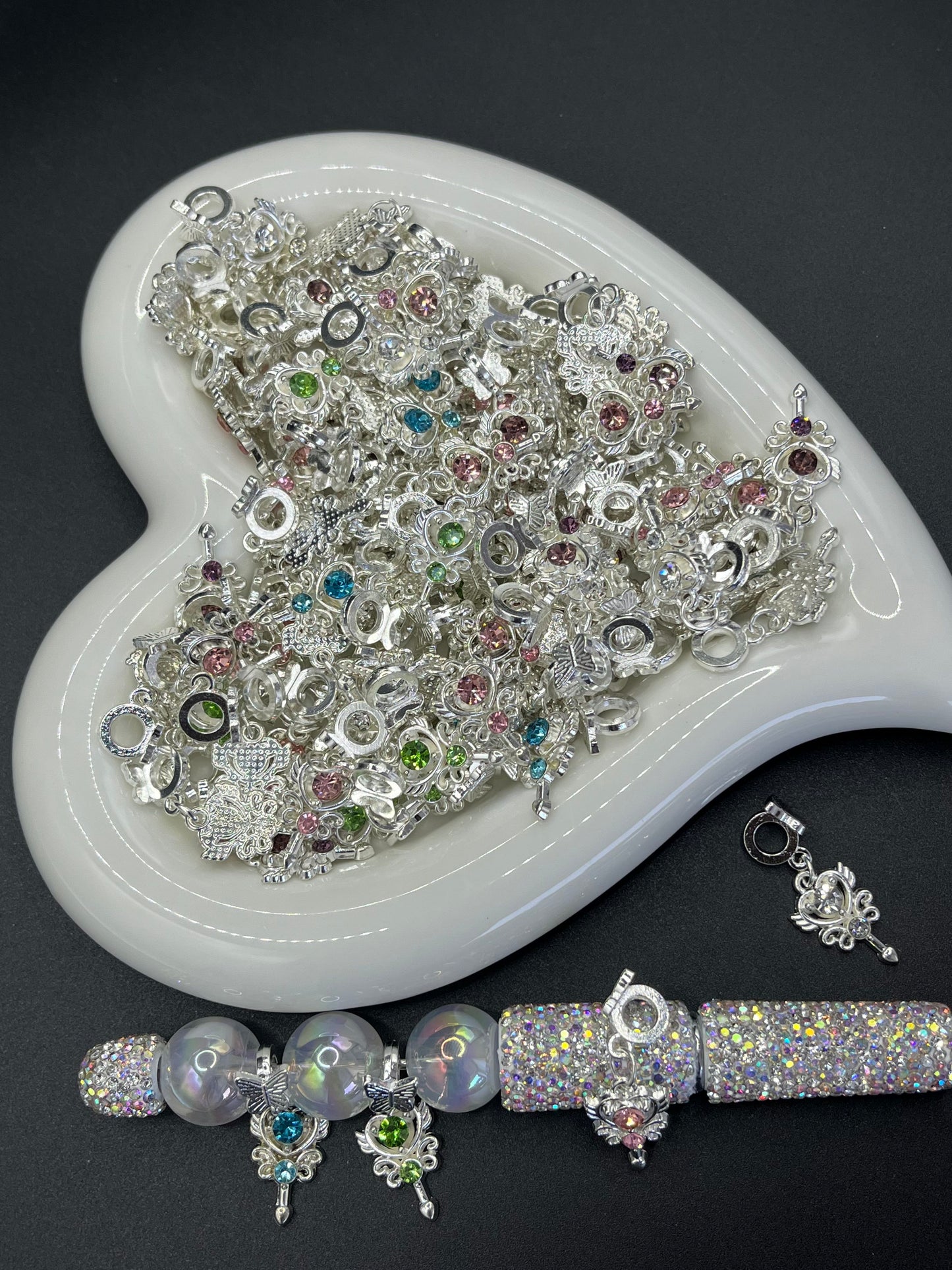 Sweet and Stylish Silver Diamond-Inlaid Heart & Scepter-Shaped Spacer Bead Accessories - DIY Jewelry Supplies for Beading Pens, Collarbone Chains, Bracelets & Earrings