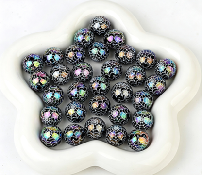 16mm acrylic rainbow-plated halloween spiderweb print round beads with straight hole for live streaming diy handmade beaded jewelry accessories