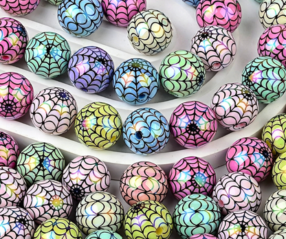 16mm acrylic rainbow-plated halloween spiderweb print round beads with straight hole for live streaming diy handmade beaded jewelry accessories