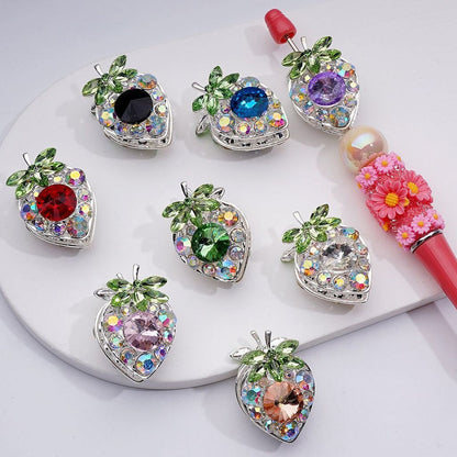 Fancy Silver Alloy Starwberry Beads with Multi-Color Cone Shape Green Leaf AB Rhinestones, 22*33MM