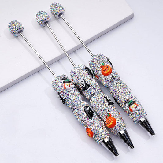 Halloween Beadable Clay Pens with Ghost Face Pumpkin Clown with Wizard Hat Horror Ghost AB Rhinestones Covered the Entire Pen, Random Mix