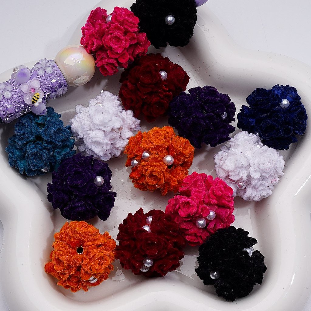 Cute Flocked Flowers White Pearls Round Clay Beads