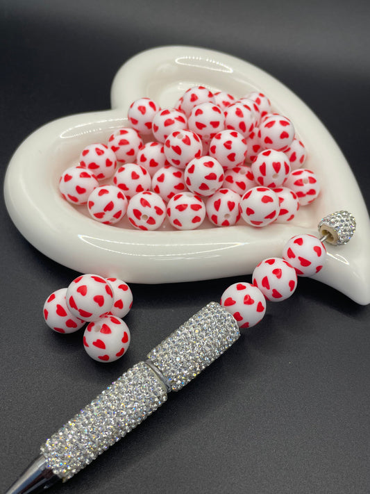 Heart Printed Silicone Beads 15mm