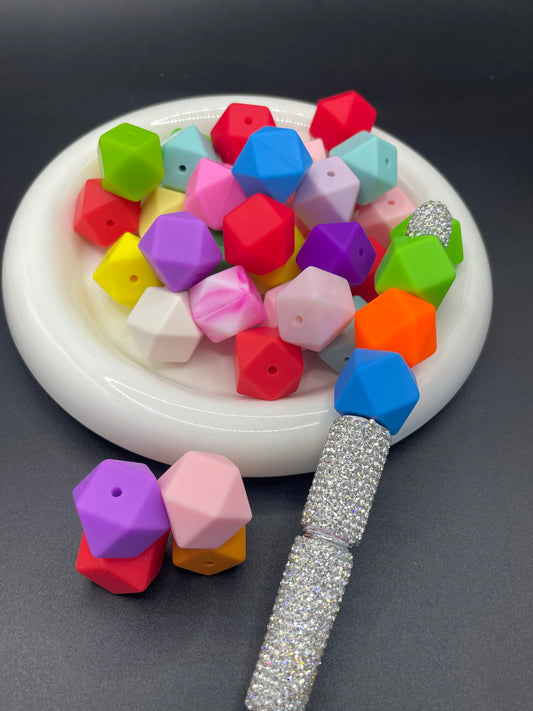 Polygonal silicone beads, random mix of various colors, 17mm