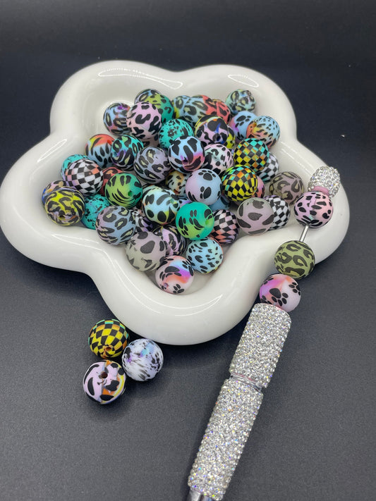 Printed silicone beads Various styles randomly mixed 15mm