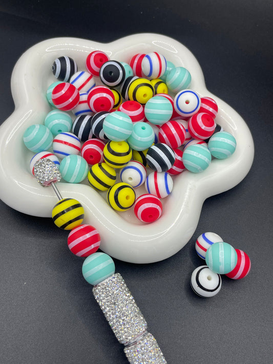 Stripe printed silicone beads, various colors randomly mixed, 15mm