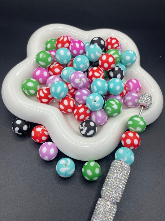 Polka dot printed silicone beads, random mix of various colors, 15mm