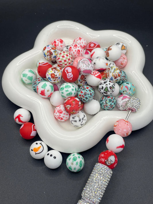 Christmas limited edition printed silicone beads, various styles randomly mixed, 15 mm