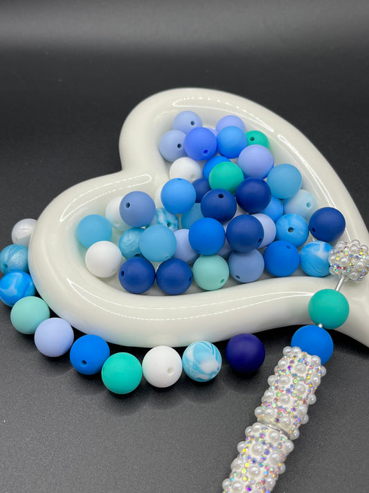 Blue silicone beads, various colors randomly matched, 15mm