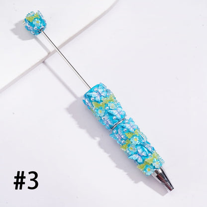 Beadable Clay Pens with Vivid Butterfly, Floral Flowers and White Pearls