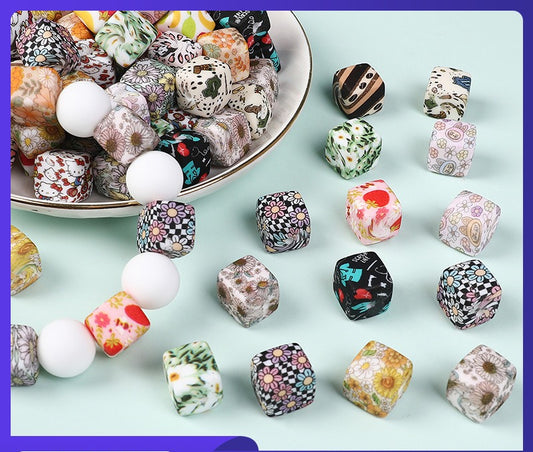 New Square Watermark Silicone Beads 14mm Beaded Spacer DIY Necklace Accessories Square Printing Beads Wholesale