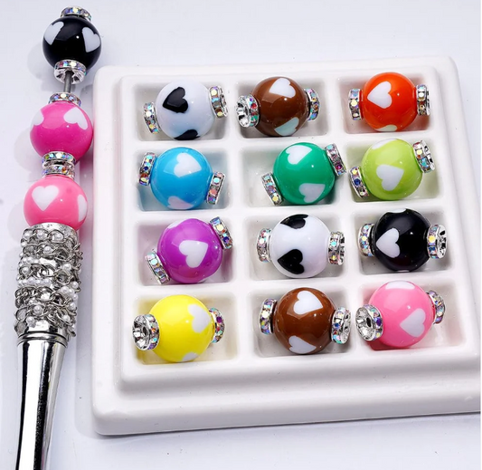 Multi-Color Cute Heart Prints Round Acrylic Beads with Mini Silver Alloy Spacer, 16MM, Random Mix