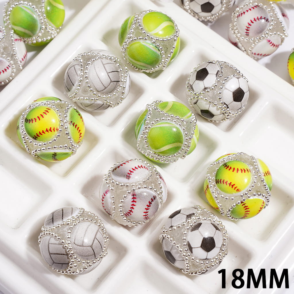 Hand-Made Acrylic Beads with Raised Sports Ball Design & Silver Metal Chain Design