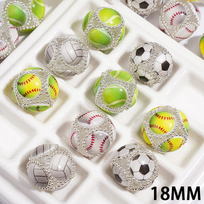 Hand-Made Acrylic Beads with Raised Sports Ball Design & Silver Metal Chain Design