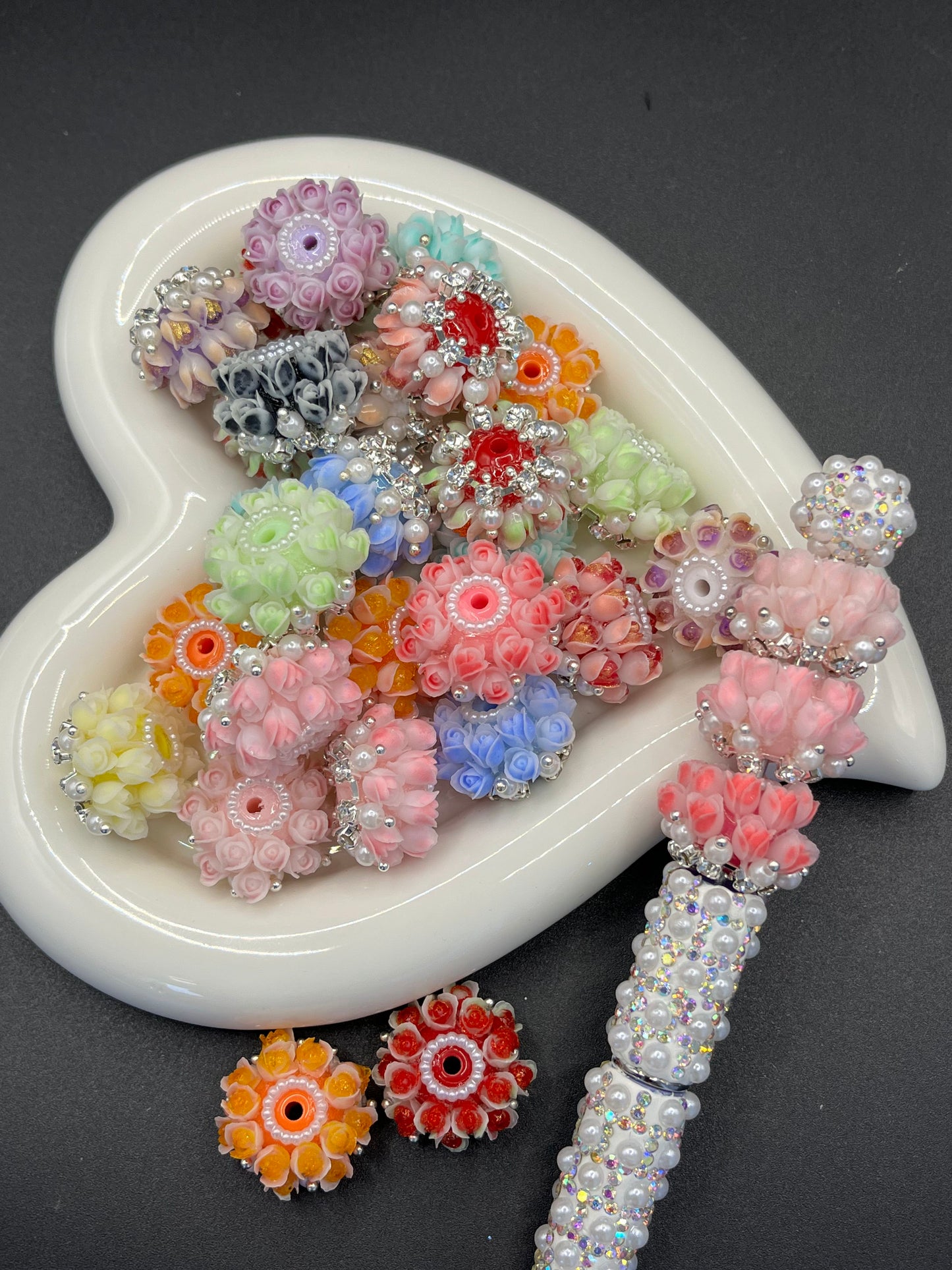 New Style Artificial Rose Flowers, Multi-Layer Flower Beads & Rhinestone Balls - Stringable Straight-Hole Beads for DIY Phone Chains, Keychains & Bag Chains