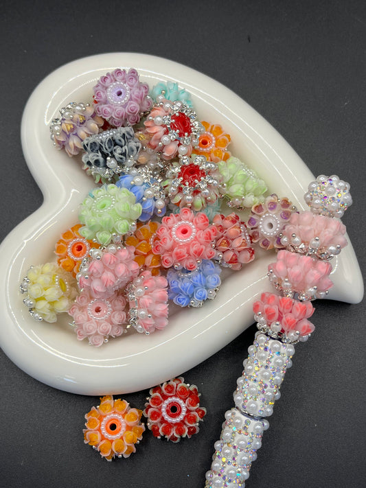 New Style Artificial Rose Flowers, Multi-Layer Flower Beads & Rhinestone Balls - Stringable Straight-Hole Beads for DIY Phone Chains, Keychains & Bag Chains