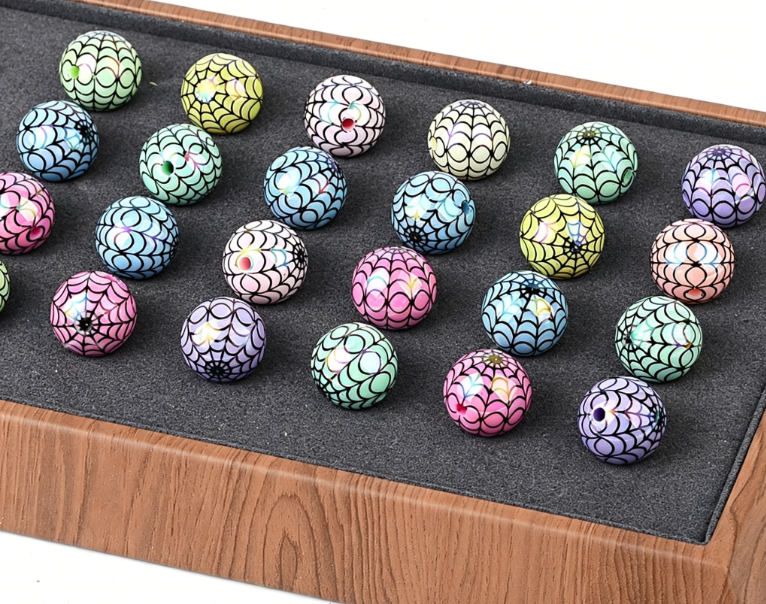 16mm acrylic rainbow-plated halloween spiderweb print round beads with straight hole for live streaming diy handmade beaded jewelry accessories