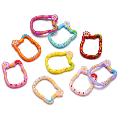 28*35mm HK Flower Head Alloy Painted Paint Kitty Cat Spring Chain Key Ring DIY Mobile Phone Pendant Bag Buckle Ring