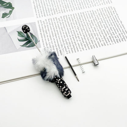 Leopard print hairball heavy industry bead pen DIY full diamond beaded ballpoint pen rainbow color cute plush pen spot wholesale