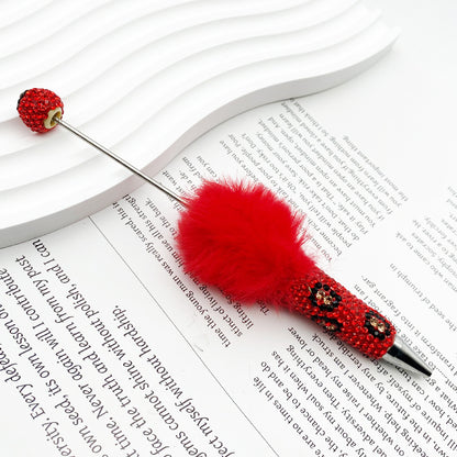 New creative DIY pom-pom bead pen, leopard print full diamond bead ballpoint pen, color cute cartoon pen wholesale