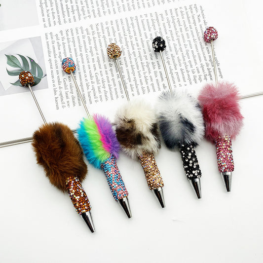 Leopard print hairball heavy industry bead pen DIY full diamond beaded ballpoint pen rainbow color cute plush pen spot wholesale