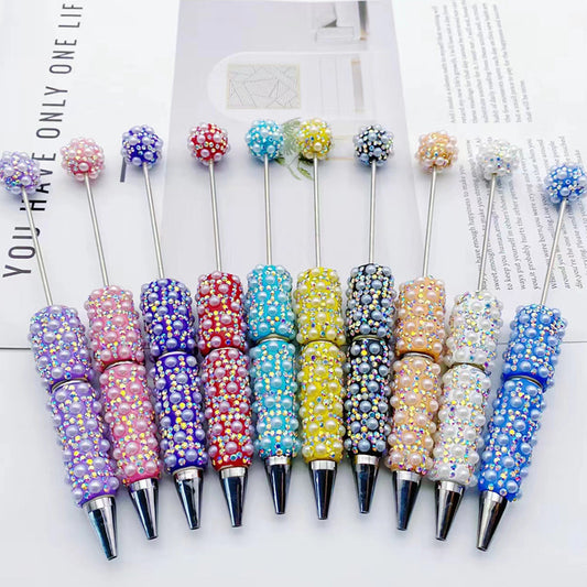 Cross-border heavy industry full of pearl bead pens, creative gradual change wearing beads DIY ballpoint pen gifts Colorful pearl pens