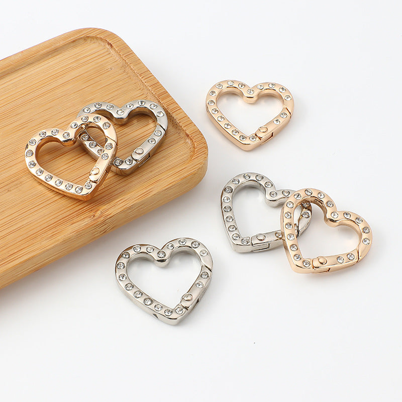 2.5 * 2.6Cm Double Side with Diamond Heart Metal Key Ring Alloy with Drill Love Spring Ring, Household Keychain Pendant Doll Bag Jewelry DIY Open Key Ring