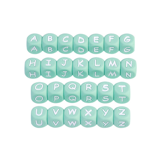 12 Mm White Characters on Light Green Background European and American English Alphabet Silicone Beads DIY Beaded Jewelry Bracelets Necklaces Food Grade Silicone Alphabet Beads Wholesale