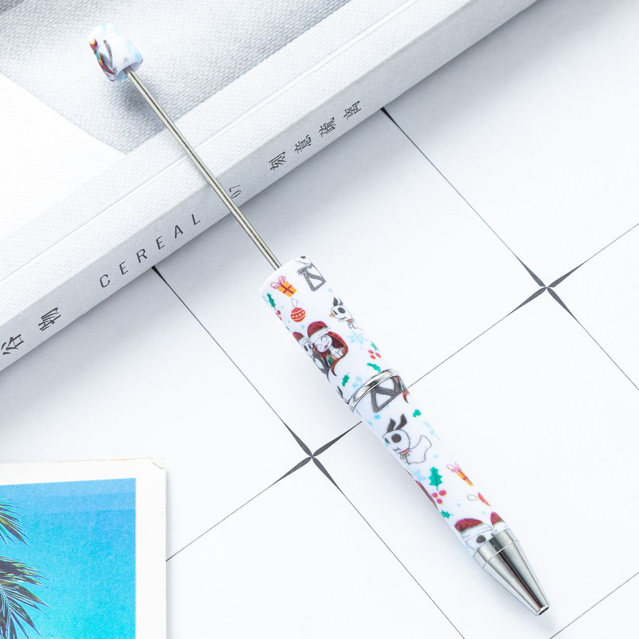 Cross-border new DIY plastic bead pen Christmas Halloween beaded ballpoint pen spot wholesale printing bead pen