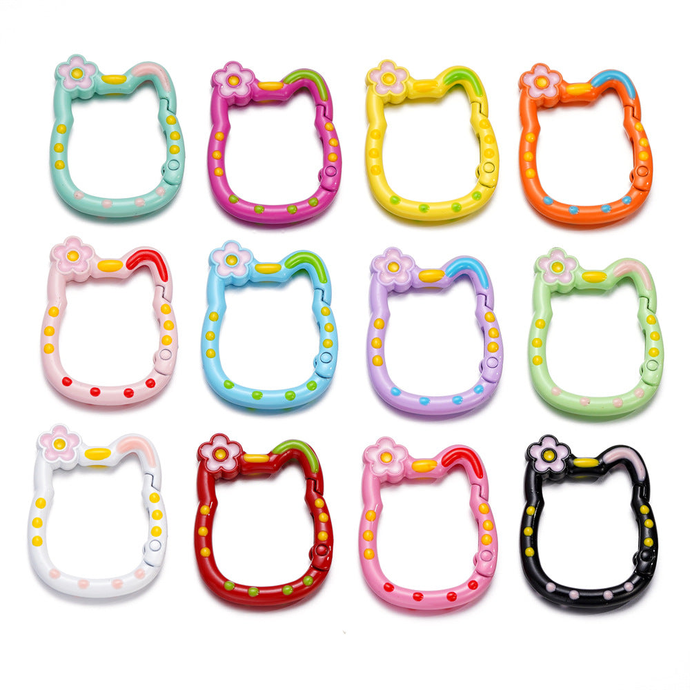 28*35mm HK Flower Head Alloy Painted Paint Kitty Cat Spring Chain Key Ring DIY Mobile Phone Pendant Bag Buckle Ring