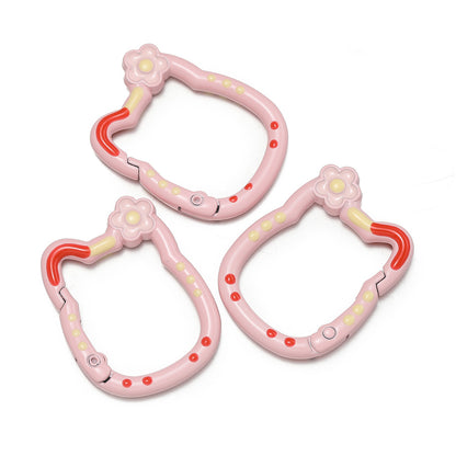 28*35mm HK Flower Head Alloy Painted Paint Kitty Cat Spring Chain Key Ring DIY Mobile Phone Pendant Bag Buckle Ring