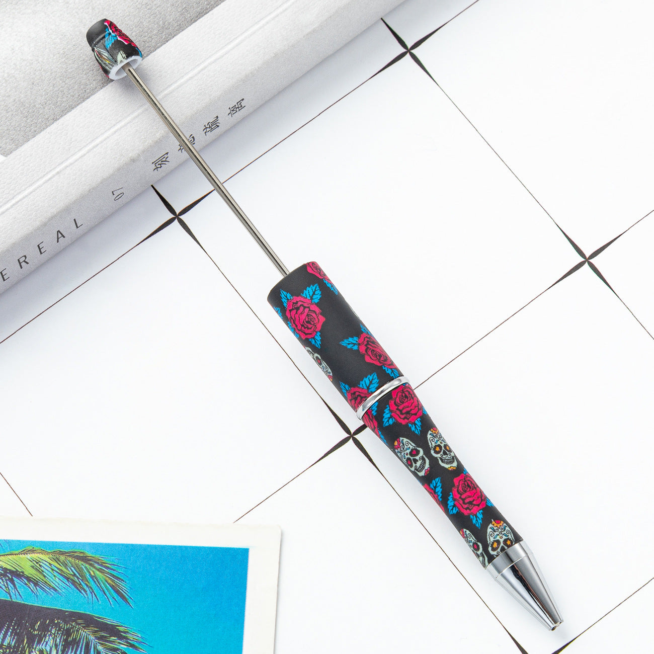 DIY plastic bead pen creative handmade leopard print floral cow bead pen wholesale printing new plastic bead pen