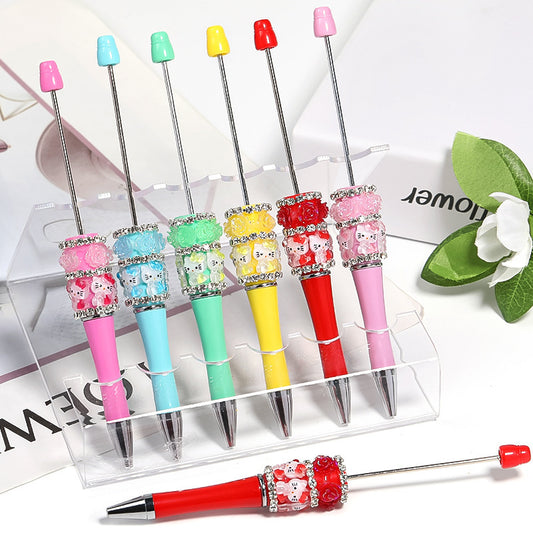 Heavy Industry DIY Resin HelloKitty Cat Camellia Rose Rhinestone Chain Beaded Ballpoint Pen