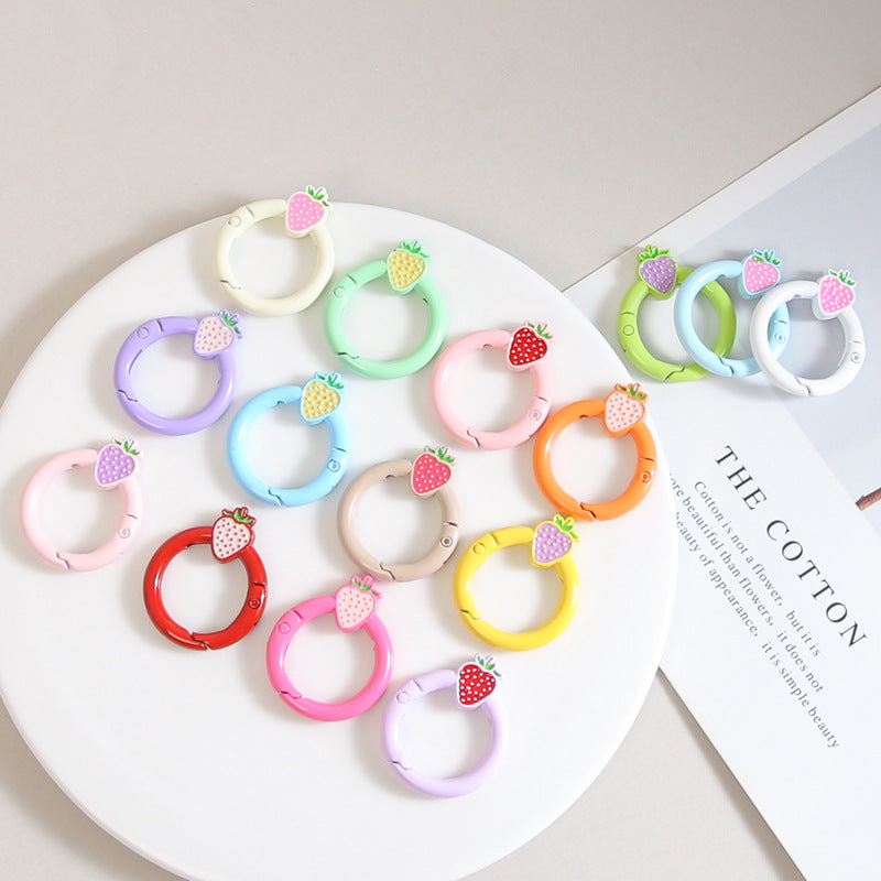 27mm Strawberry Keychain Round with Strawberry Pattern Color Paint Spring Buckle DIY Jewelry Accessories Keychain Connecting Ring