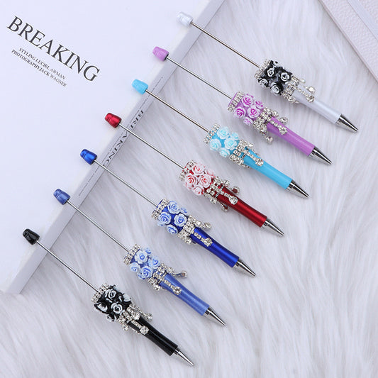 DIY flower pendant bead pen, handmade rose heavy industry ballpoint pen, puzzle bead cute grain gift spot wholesale