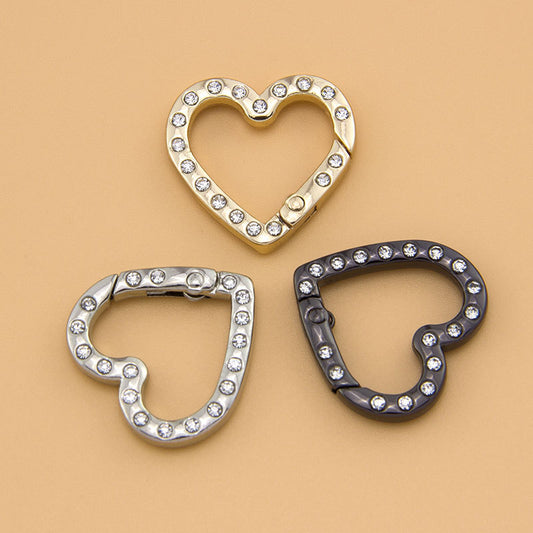 2.5 * 2.6Cm Double Side with Diamond Heart Metal Key Ring Alloy with Drill Love Spring Ring, Household Keychain Pendant Doll Bag Jewelry DIY Open Key Ring
