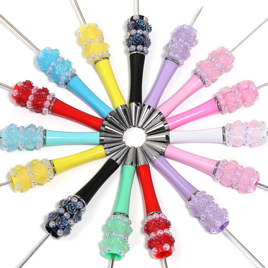 Heavy Industry Pearl Camellia DIY Beaded Pen Resin Rose DIY Beaded Rotary Ballpoint Pen Spot Wholesale