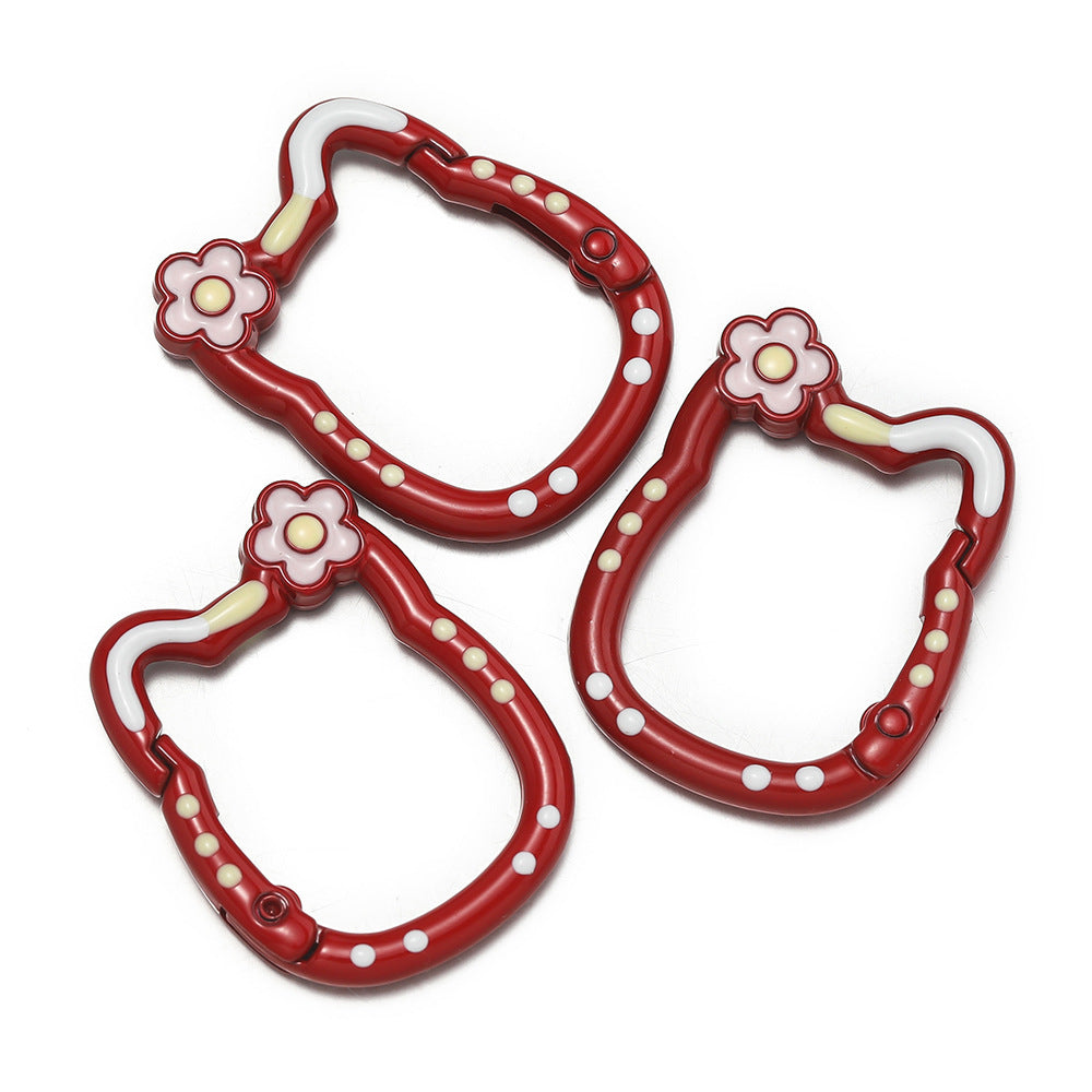 28*35mm HK Flower Head Alloy Painted Paint Kitty Cat Spring Chain Key Ring DIY Mobile Phone Pendant Bag Buckle Ring