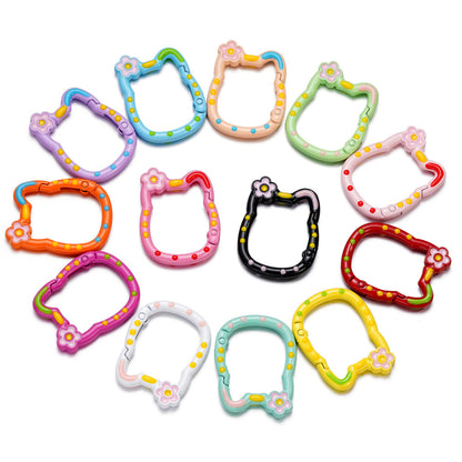 28*35mm HK Flower Head Alloy Painted Paint Kitty Cat Spring Chain Key Ring DIY Mobile Phone Pendant Bag Buckle Ring