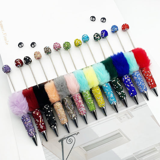Hairball AB full drill bead pen, pen cap with drill pure hand sticker drill ballpoint pen beadedpen cute plush pen