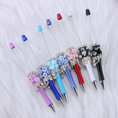 Cross-border heavy industry flower diamond bead pen DIY pure handmade patch silver jewelry bead pen multi-color plastic ballpoint pen