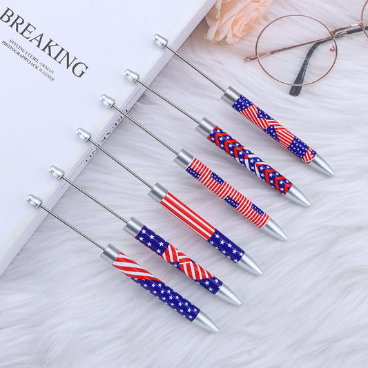 DIY long printed bead pen, national flag sunflower pattern creative cute grain bead pen plastic bead ballpoint pen