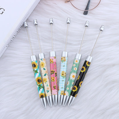 DIY long printed bead pen, national flag sunflower pattern creative cute grain bead pen plastic bead ballpoint pen